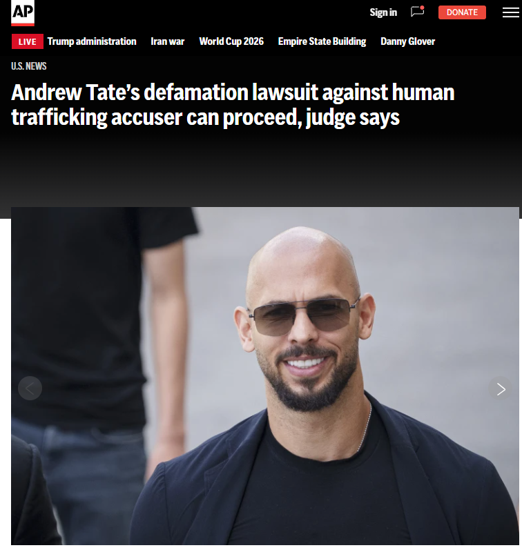 Andrew Tate defamation lawsuit against human trafficking accuser can proceed judge says